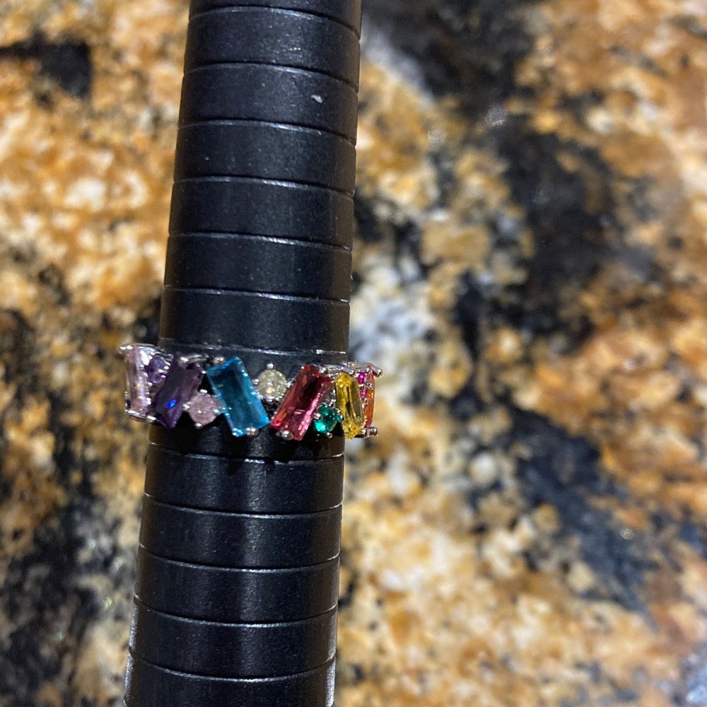Multicolor emerald cut Gemstone Silver Ring infinity band size 6.5 rings rainbow